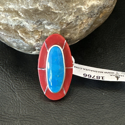 Blue Turquoise Coral Navajo Sterling Silver Ring Size 7.5 18766