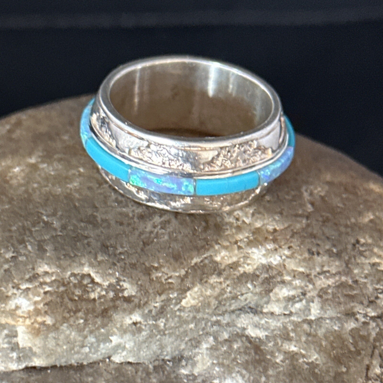 Turquoise & Opal Inlay Navajo Sterling Silver Eternity Band Ring Size 8 14542