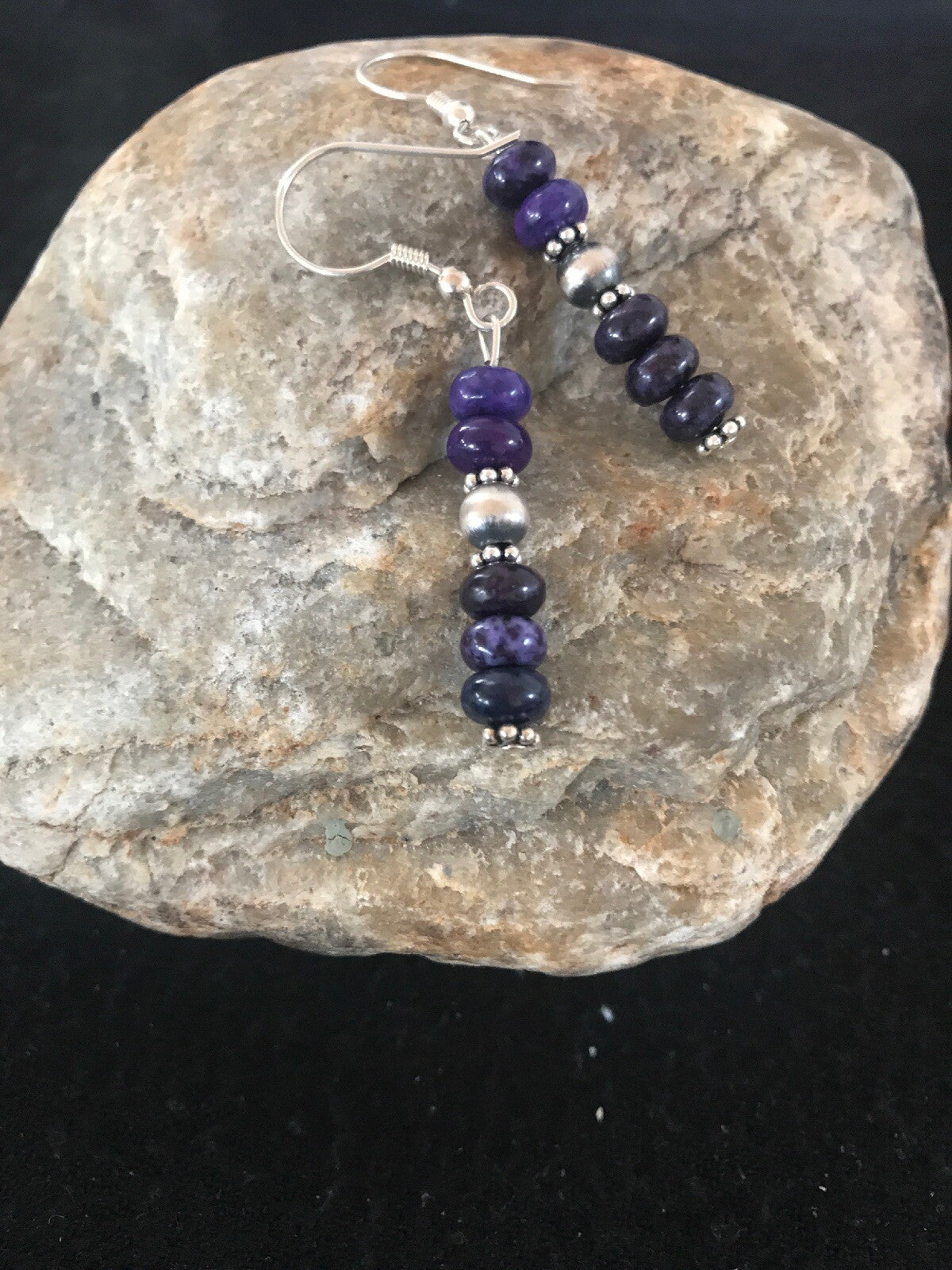 Navajo Purple Stone Sterling Silver Dangle Bead Earrings 1" 10059