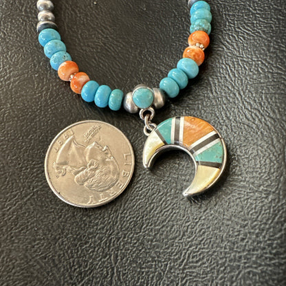 Crescent Multicolor Turquoise Pendant Navajo Sterling Silver Necklace 18731