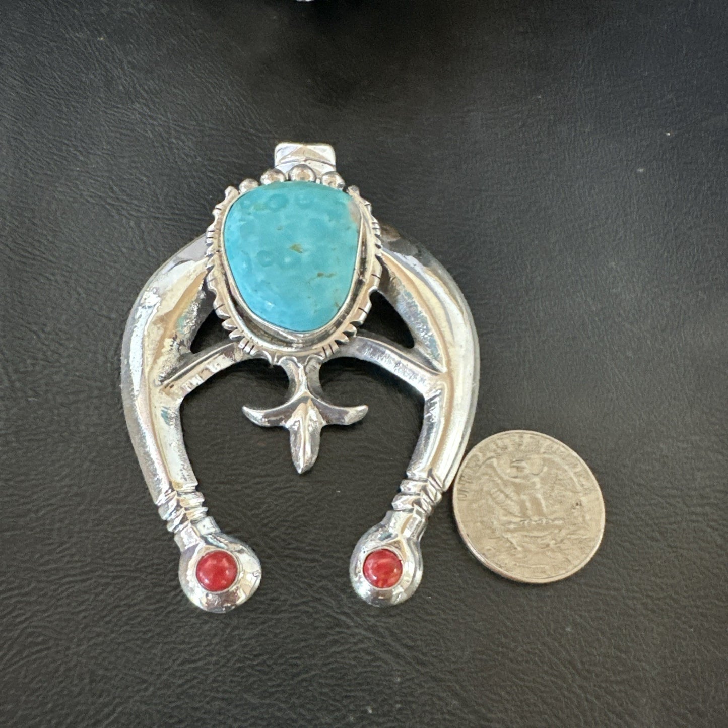 Tufa Cast Navajo Sterling Silver Blue Kingman Turquoise Coral Naja Pendant 19355