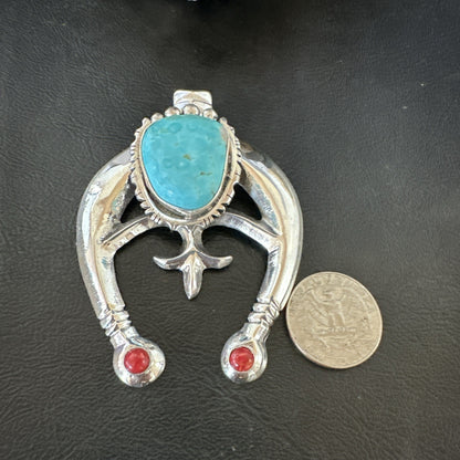 Tufa Cast Navajo Sterling Silver Blue Kingman Turquoise Coral Naja Pendant 19355