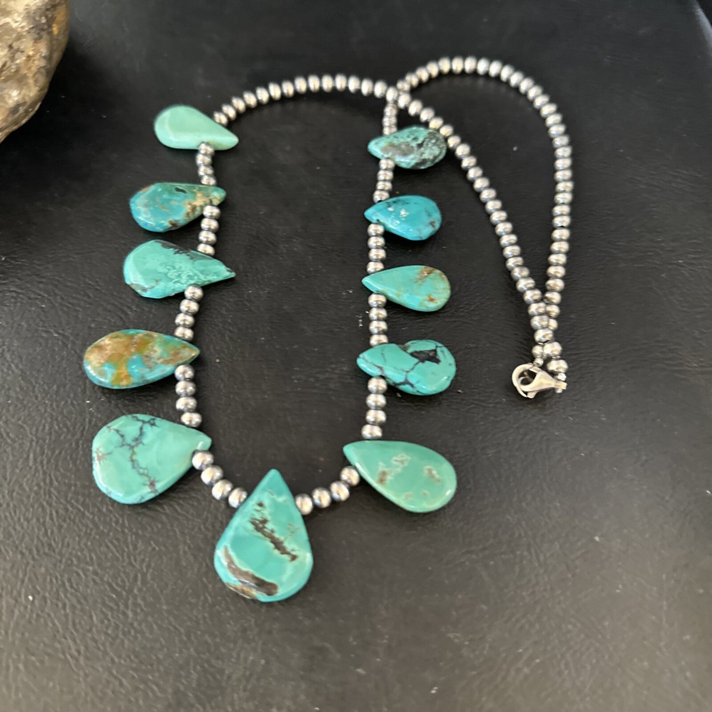 Blue Turquoise Teardrop Navajo Pearls Sterling Silver Necklace 14391
