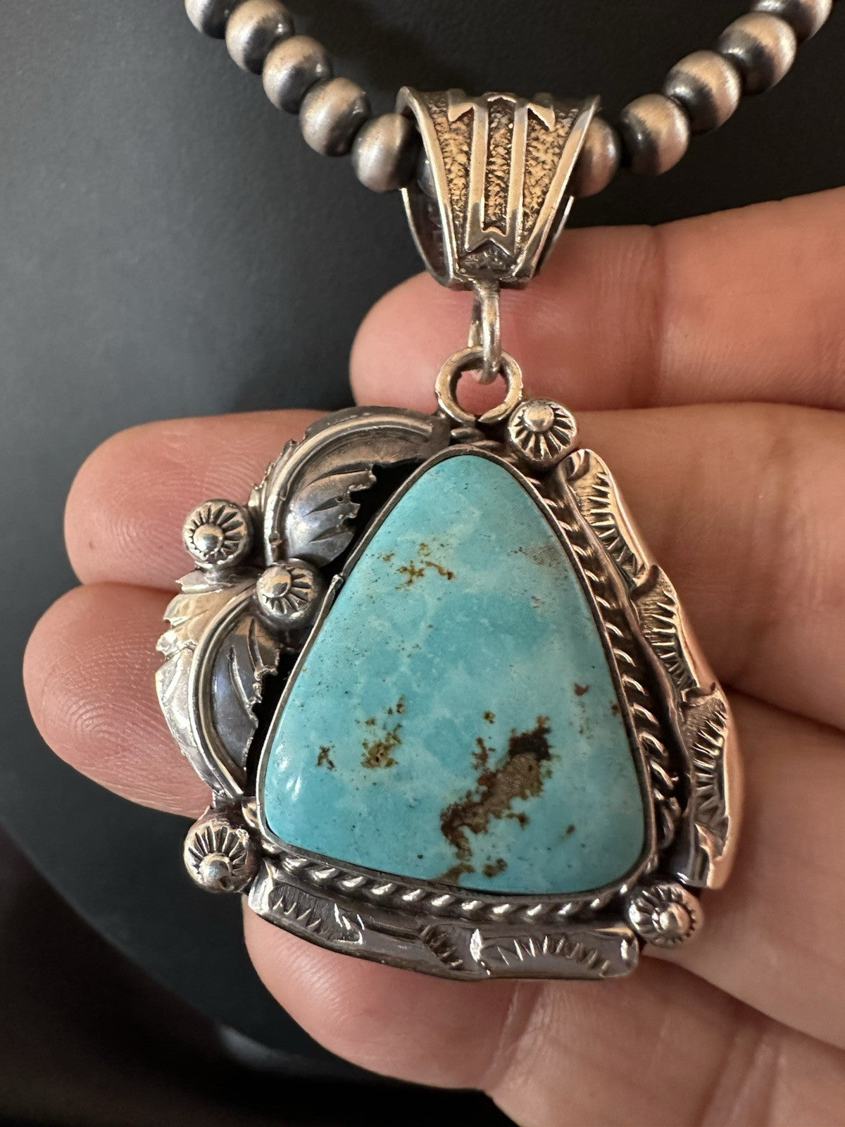 Blue Kingman Turquoise Pendant Navajo Pearls Sterling Silver Necklace 19389