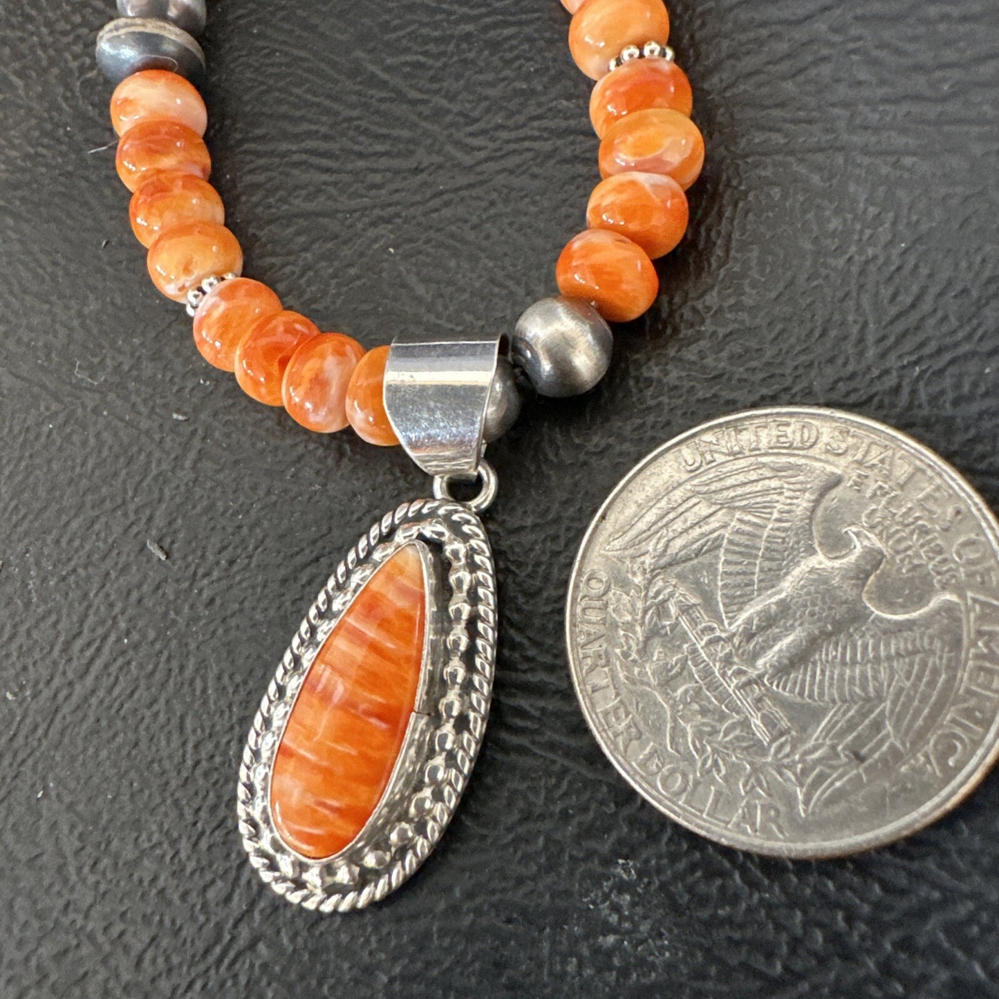 Orange Spiny Oyster Navajo Pearls Sterling Silver Necklace Pendant 18678