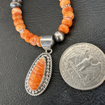 Orange Spiny Oyster Navajo Pearls Sterling Silver Necklace Pendant 18678
