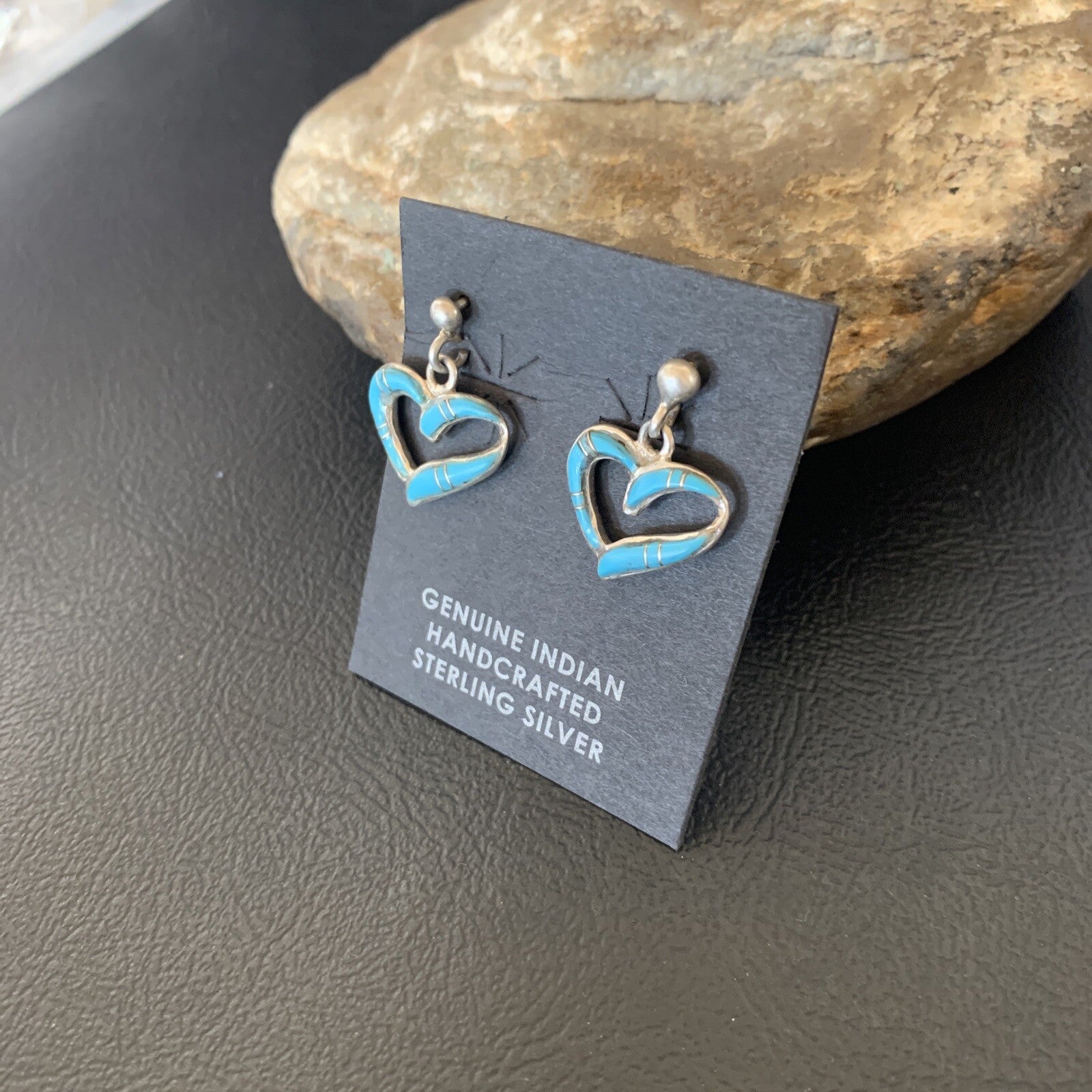 Navajo Blue Turquoise Heart Sterling Silver Dangle Post Earrings 0.5" 12716