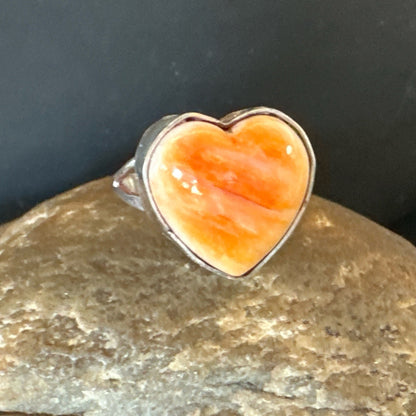 Orange Heart Ring Handmade Navajo Spiny Oyster Sterling Silver Sz 8 19327