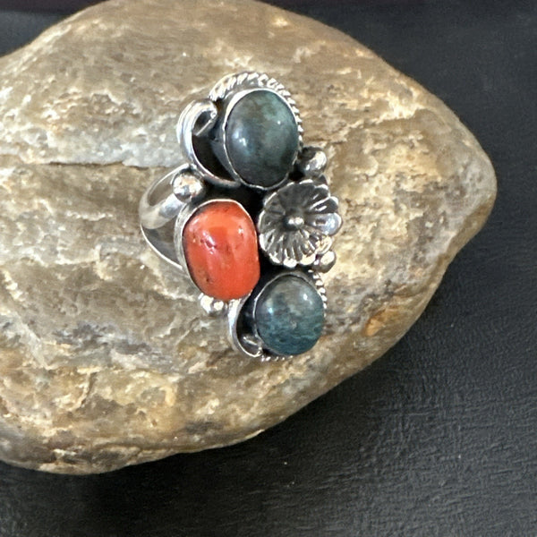 Multicolor Ring Turquoise Coral Navajo Cluster Size 10 | Sterling Silver | Authentic Native American Handmade | 19192