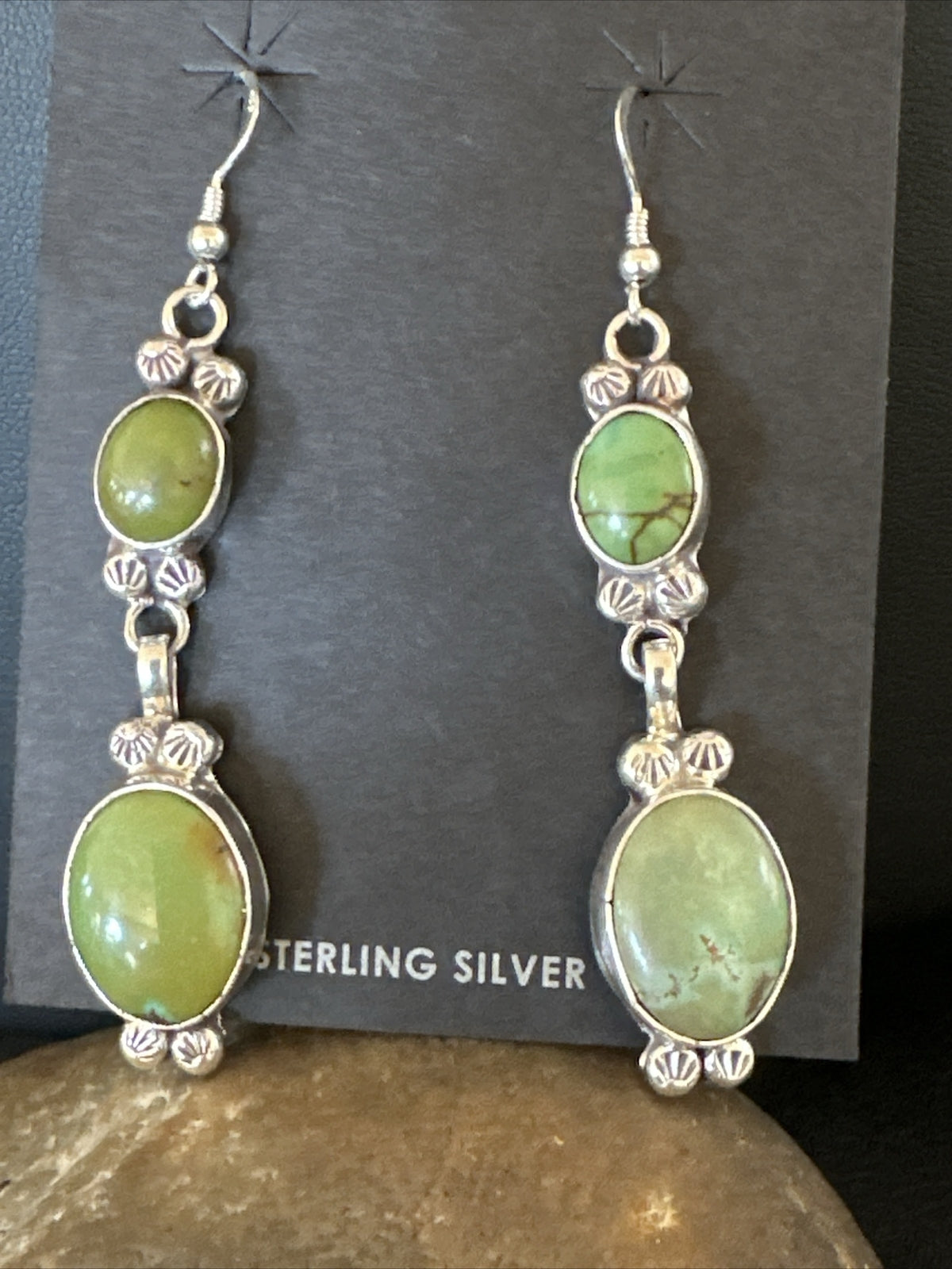 Native Navajo Green Turquoise Sterling Silver Dangle Earrings 2” 17698