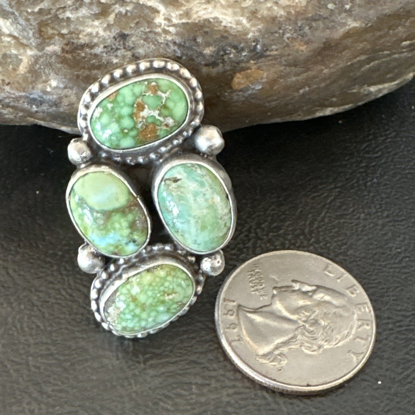 Navajo Sterling Silver Cluster Green Sonoran Gold Turquoise Ring Sz 11 18618
