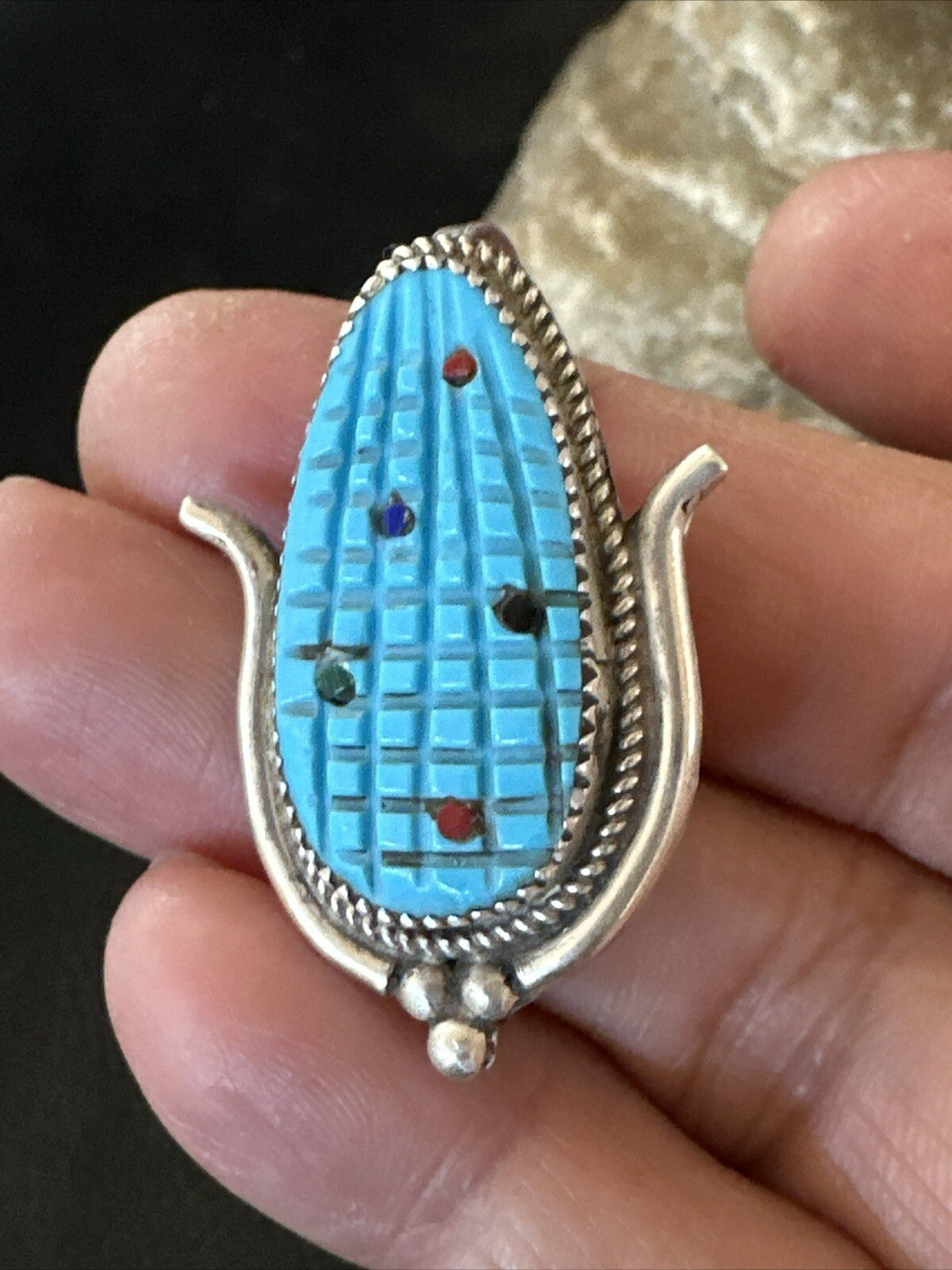 CORN INLAY Blue Turquoise MOP Spiny Zuni Sterling Silver Pin Pendant 17850