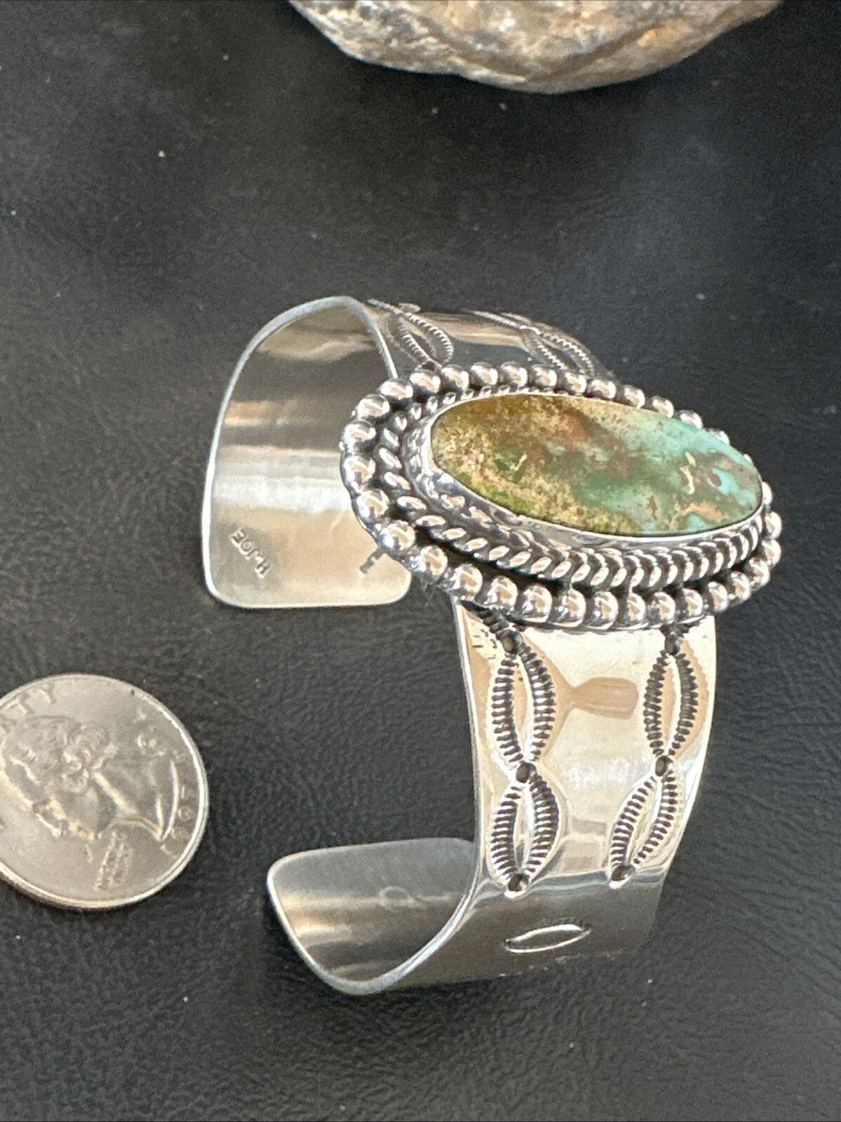 Navajo Green Royston TURQUOISE Stamped Sterling Silver Cuff Bracelet 18642