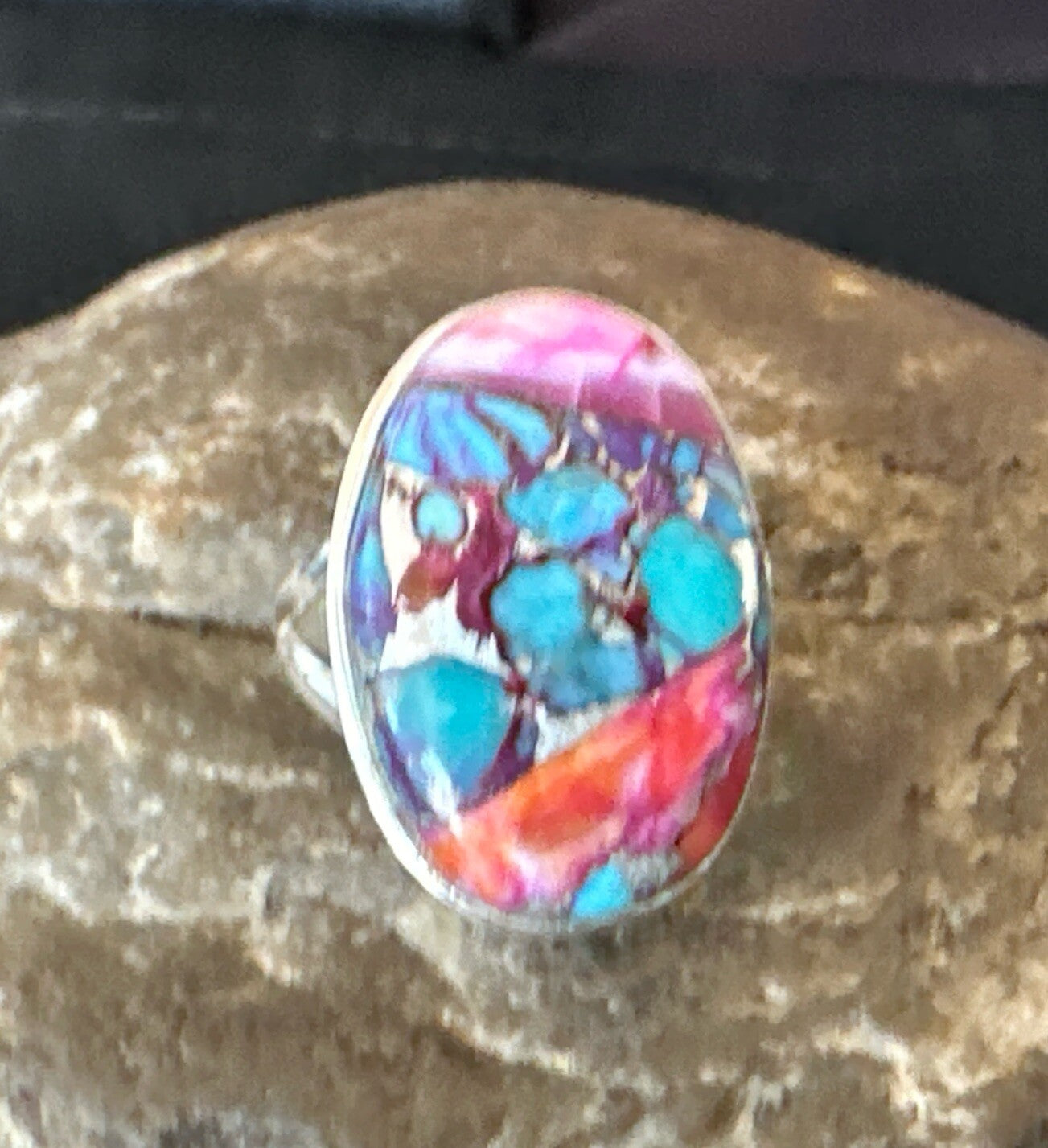 Blue Turquoise Spiny Oyster Southwestern Sterling Silver Ring Size 8 18484