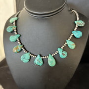 Blue Turquoise Teardrop Navajo Pearls Necklace | Sterling Silver | Authentic Native American Handmade | 14391