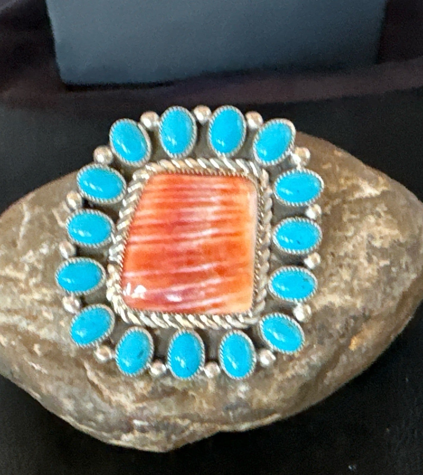 Orange Spiny Oyster Turquoise Navajo Sterling Silver Cluster Ring Sz 9 19761