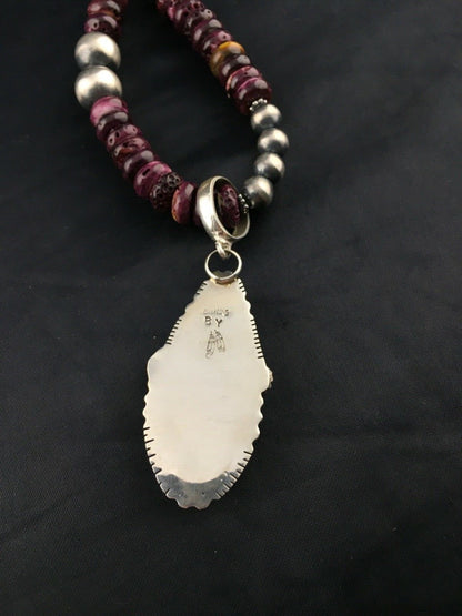 Purple Spiny Oyster Pendant Navajo Sterling Silver Beads Necklace 08175