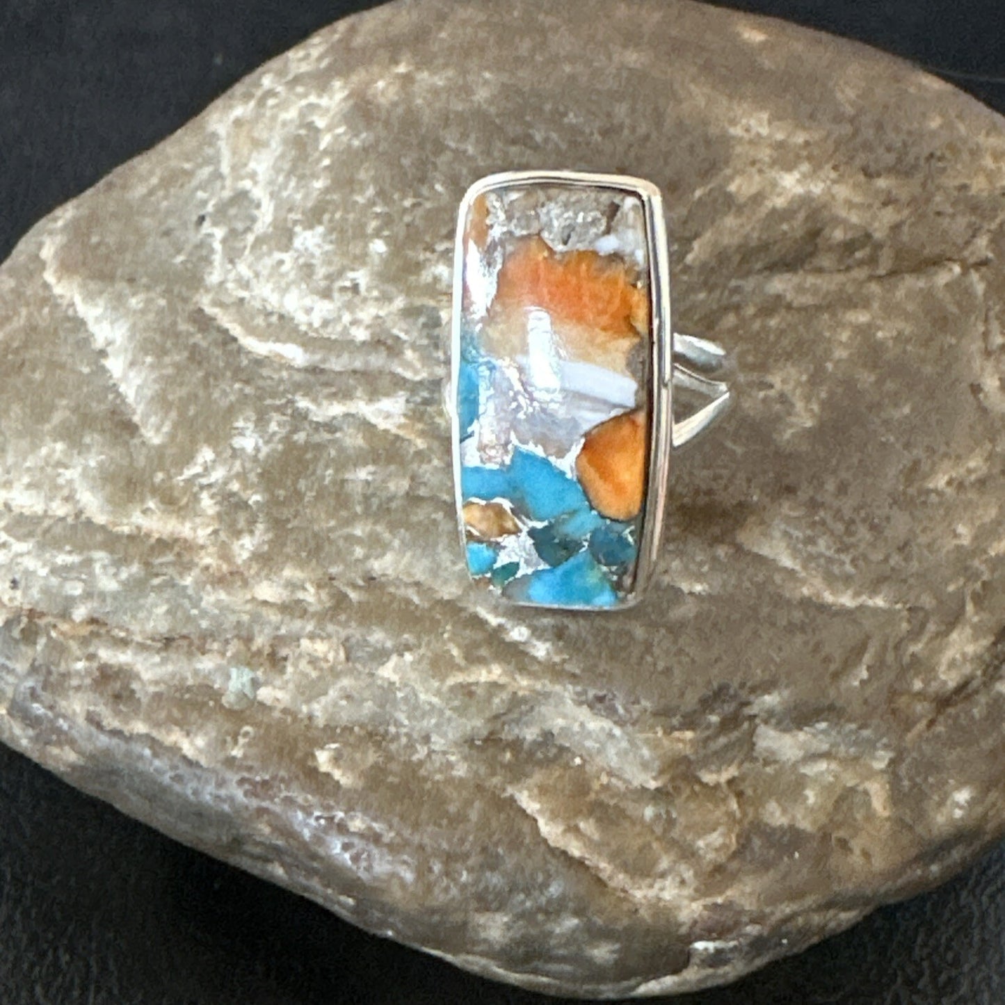 Blue Turquoise Spiny Oyster Southwestern Sterling Silver Ring Size 6 18513