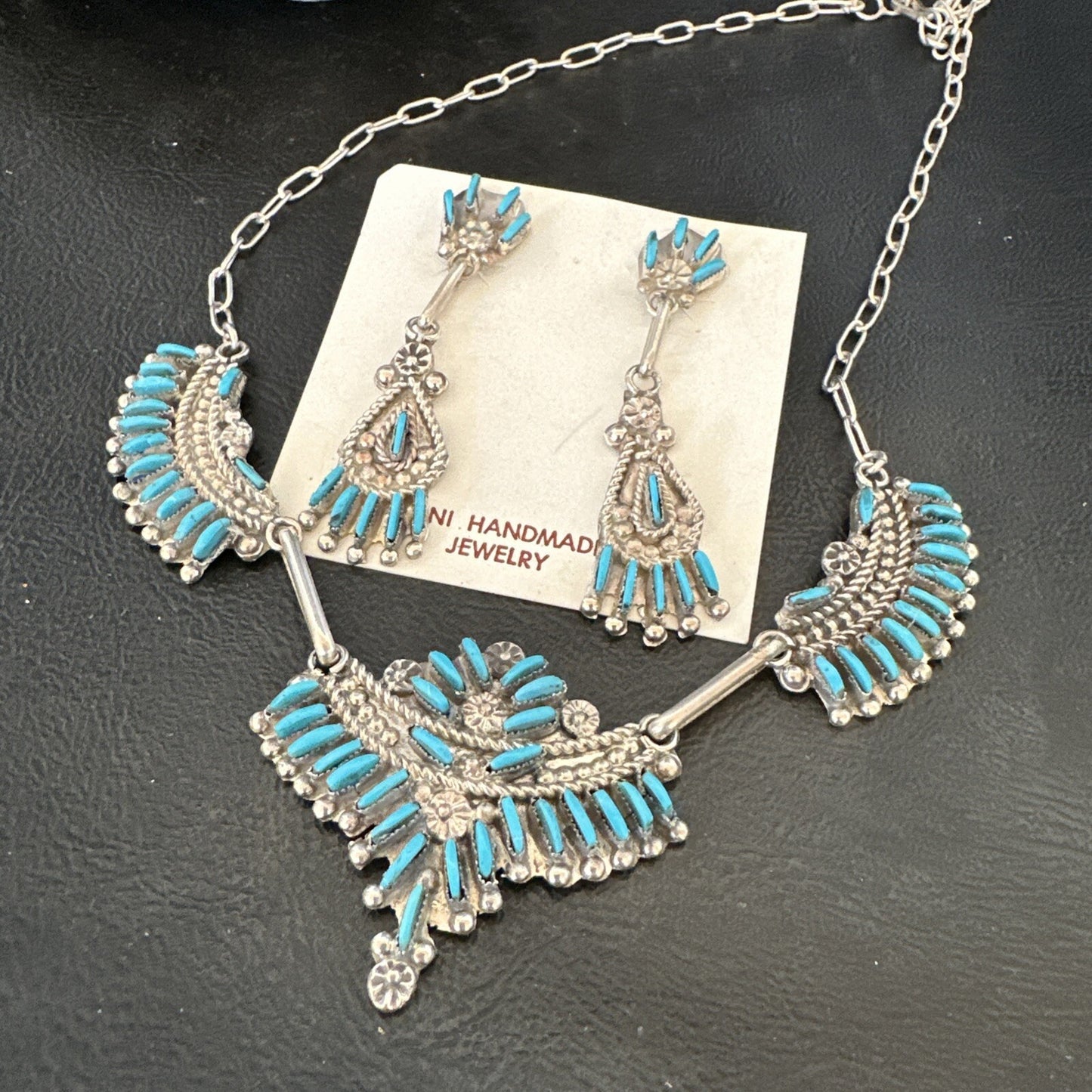 ZUNI Blue Turquoise Sterling Silver Beads Needlepoint Necklace Earrings 18595