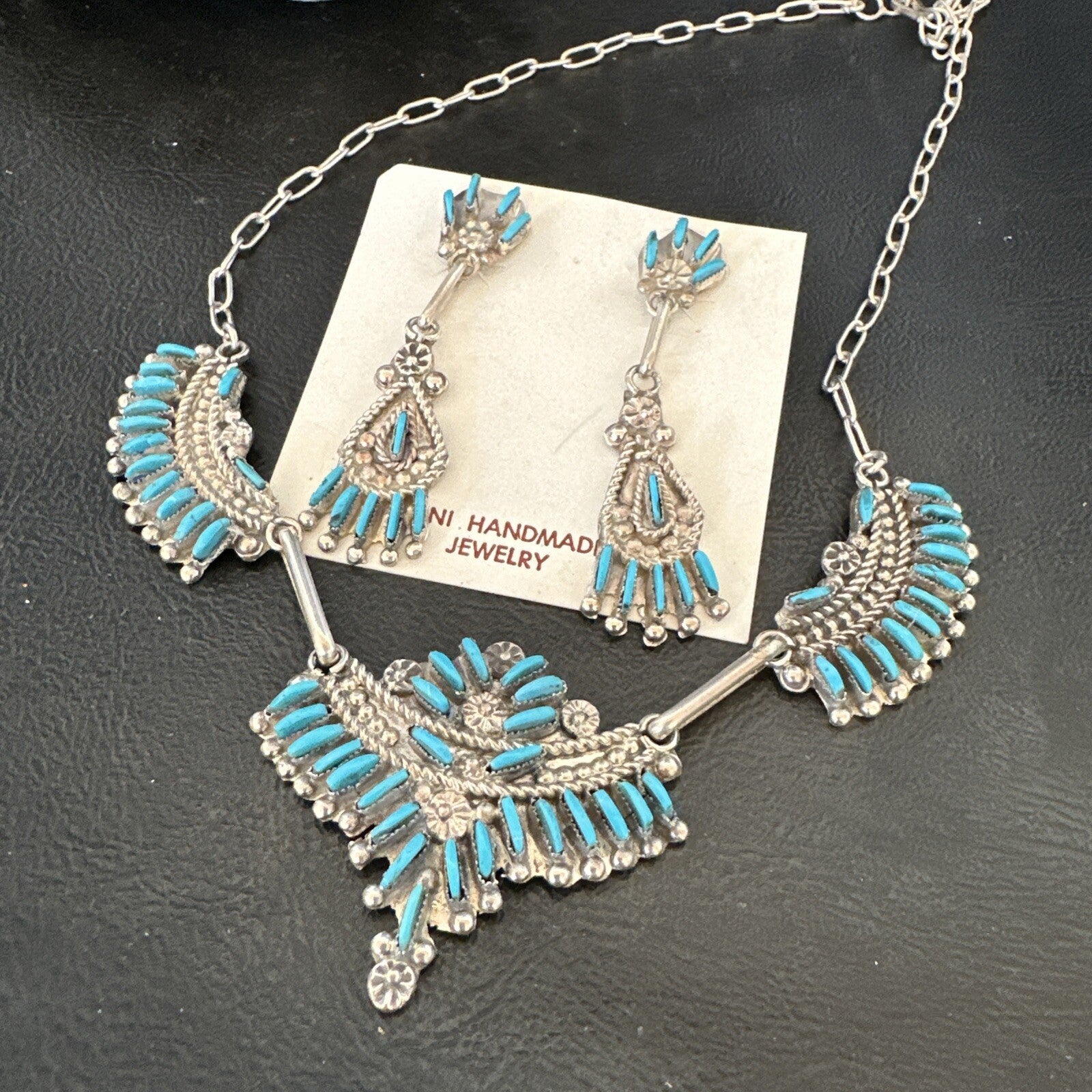 ZUNI Blue Turquoise Sterling Silver Beads Needlepoint Necklace Earrings 18595
