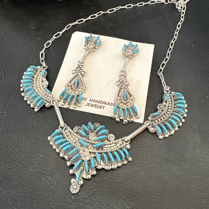ZUNI Blue Turquoise Sterling Silver Beads Needlepoint Necklace Earrings 18595
