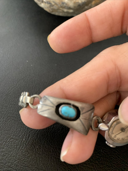Turquoise Navajo Sterling Silver Old Pawn Shadowbox Watch Tips 01449