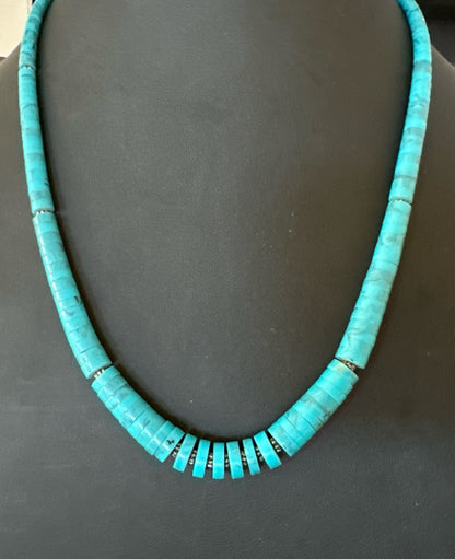 Blue Robin Egg Turquoise Heishi Stabilized Graduated Sterling 23” Necklace 19725