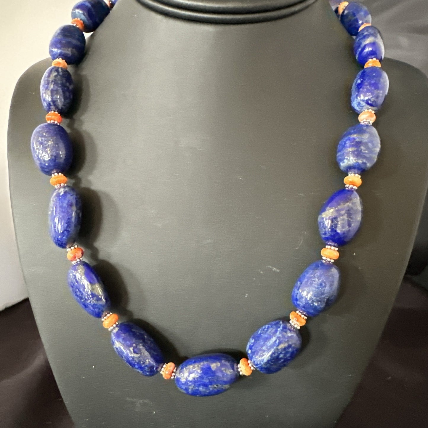Blue Lapis Orange Spiny Chunky Southwestern Sterling Silver Necklace 20” 19258