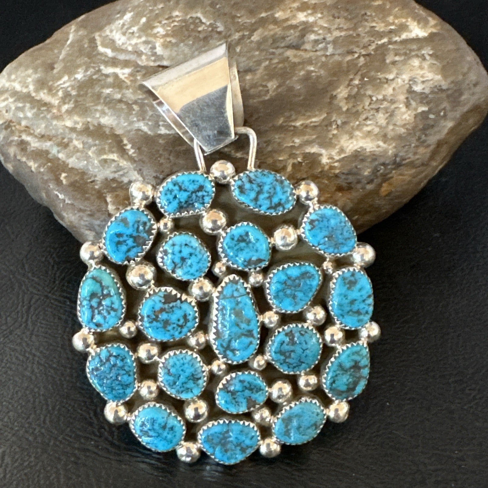 Cluster Kingman Turquoise Navajo Sterling Silver Necklace Pendant 2.75” 19082