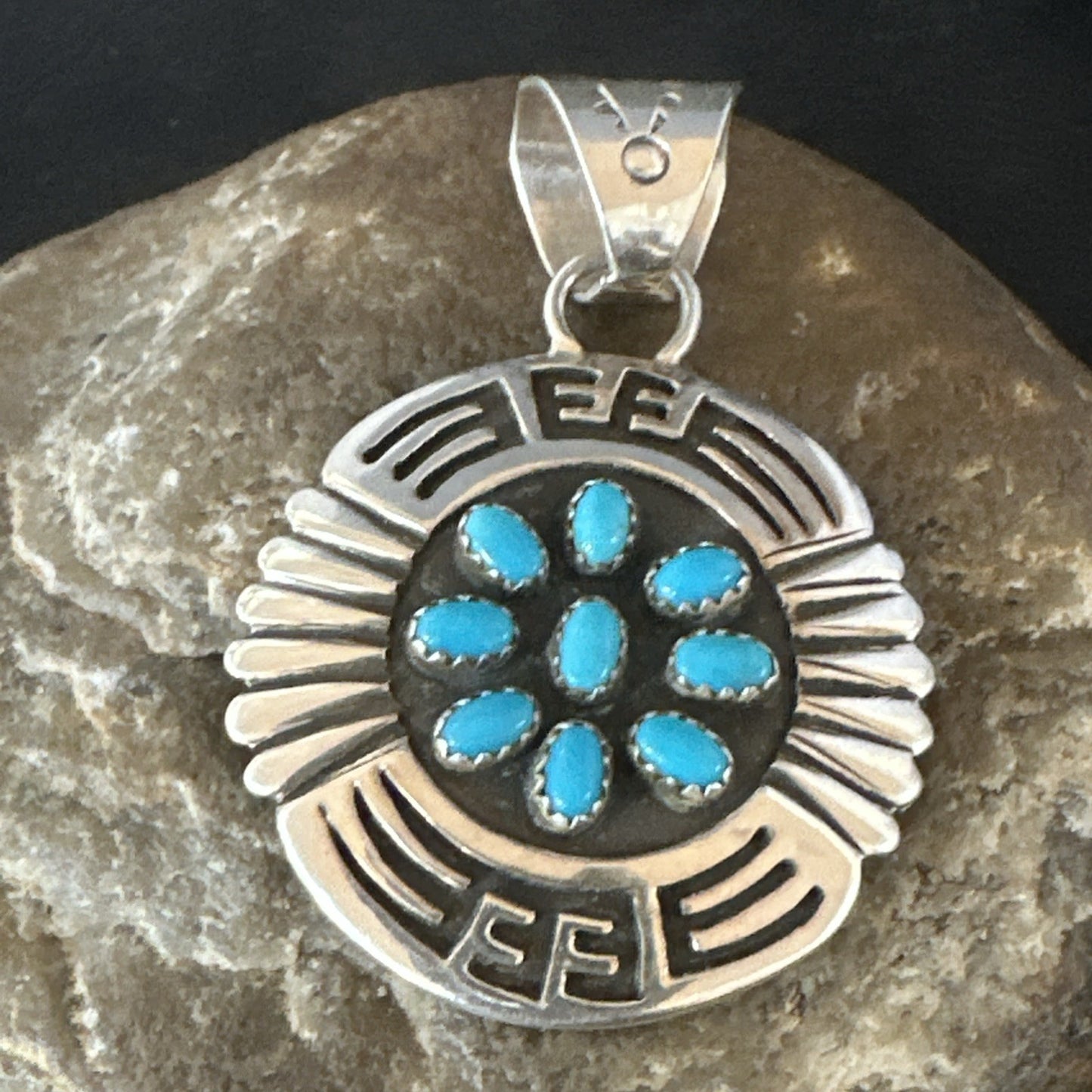 Blue Kingman Turquoise Navajo Sterling Silver Cluster Pendant 2"19285