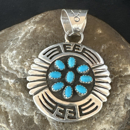 Blue Kingman Turquoise Navajo Sterling Silver Cluster Pendant 2"19285