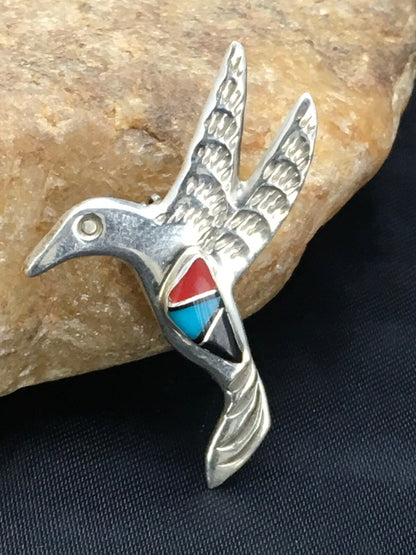 Turquoise & Coral Hummingbird Navajo Sterling Silver Pin 02899