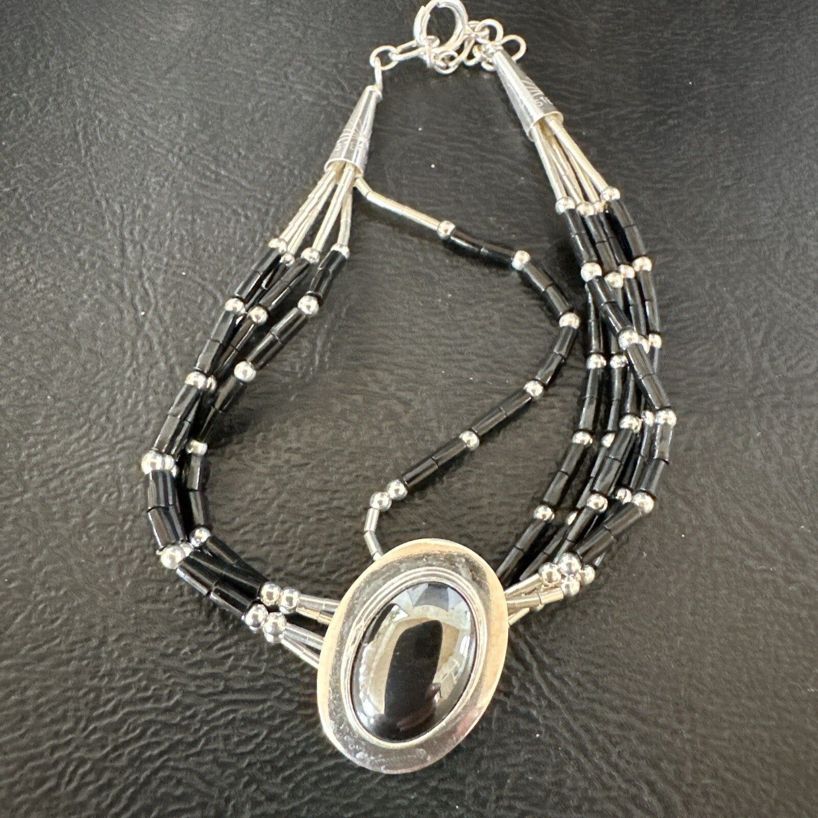Black Onyx Heishi 5S Pend Southwestern Liquid Sterling Silver Bracelet 8” 17751