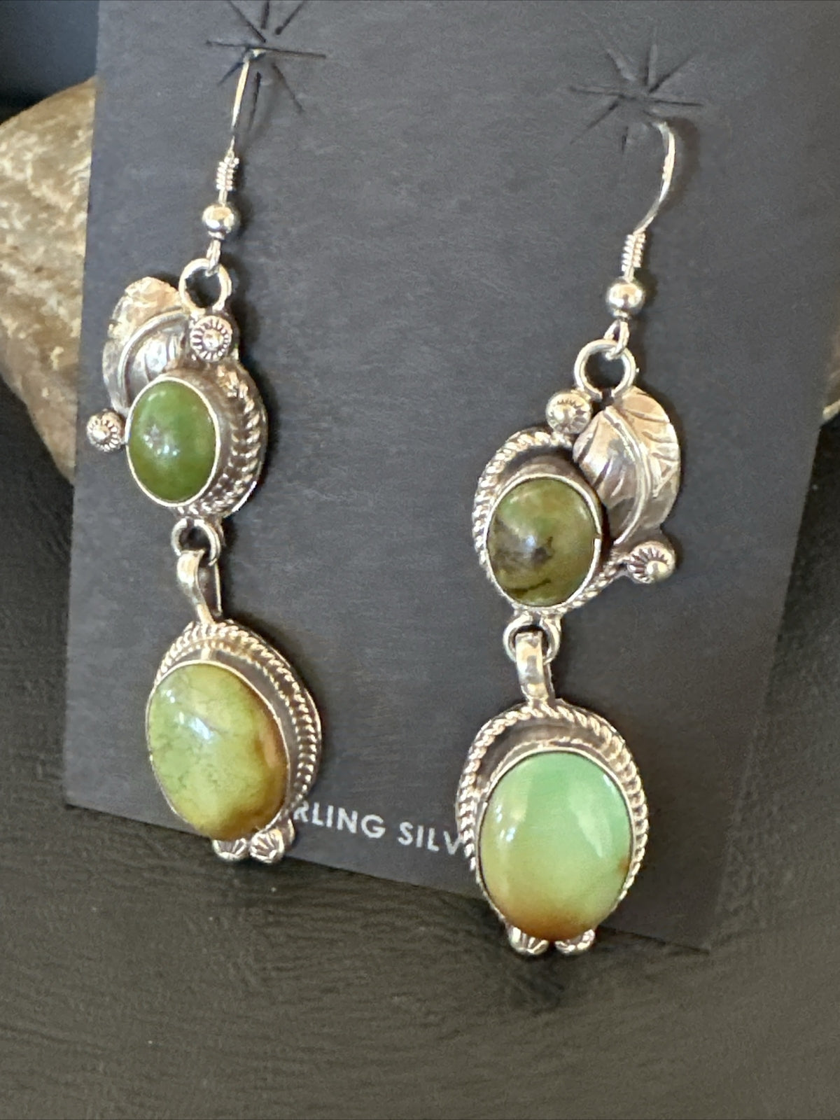 Native Navajo Green Turquoise Sterling Silver Dangle Earrings 2” 17700