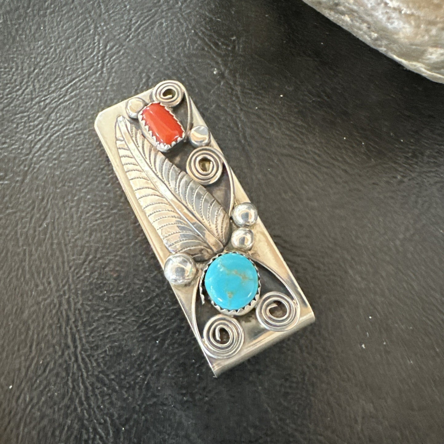 Mens Women Blue Turquoise Coral Navajo Stainless Stamped Silver Money Clip 19736