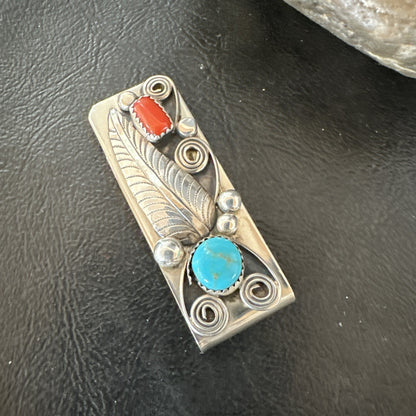 Mens Women Blue Turquoise Coral Navajo Stainless Stamped Silver Money Clip 19736
