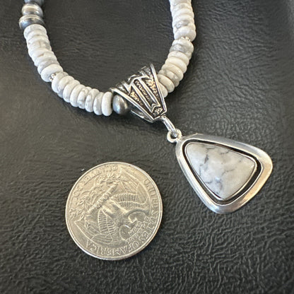 White Buffalo Turquoise Pendant Navajo Pearls Sterling Silver Necklace 22" 18260