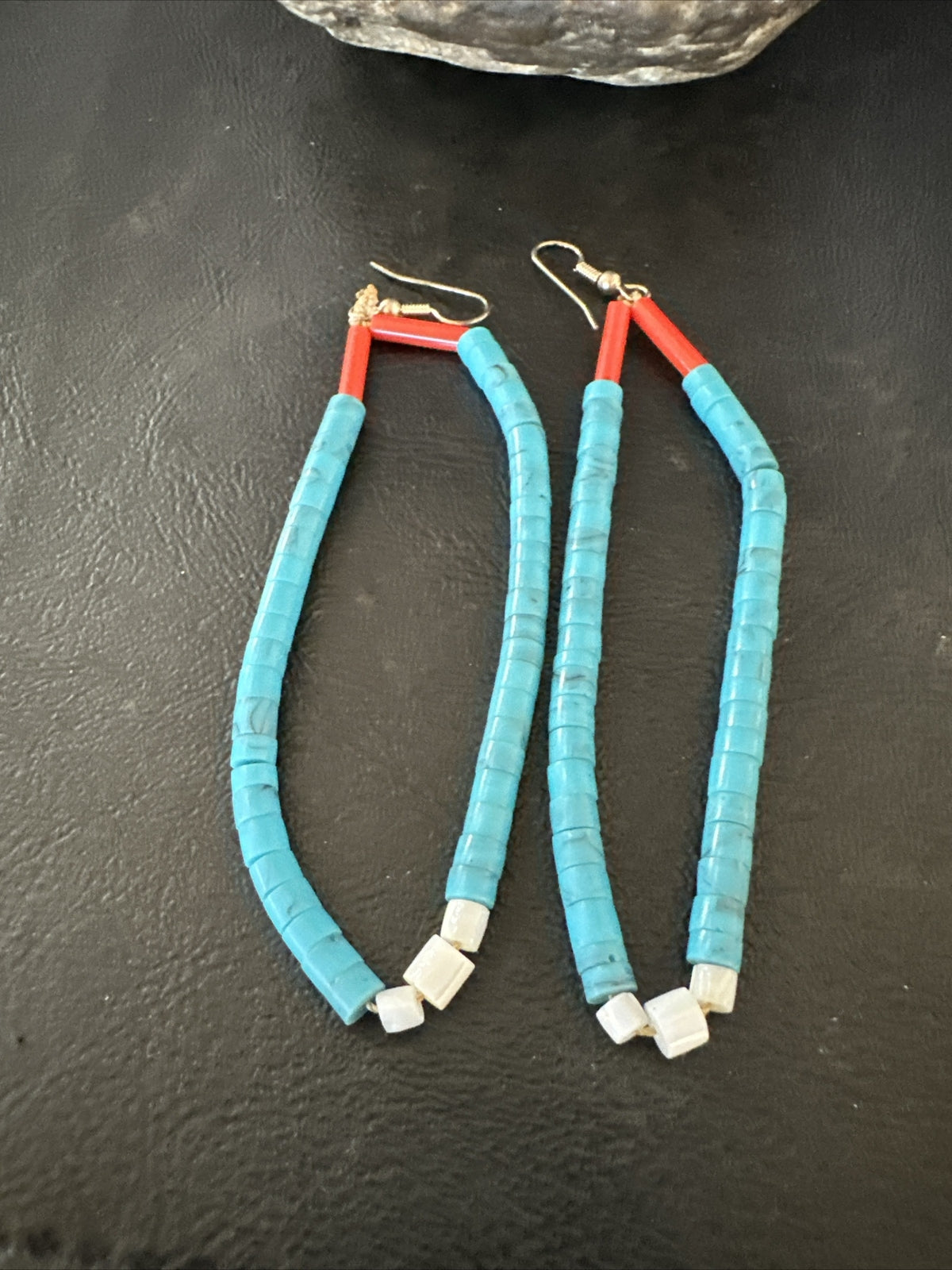 Blue Turquoise Coral Santo Domingo Sterling Silver Long Dangle Earrings 3" 17848
