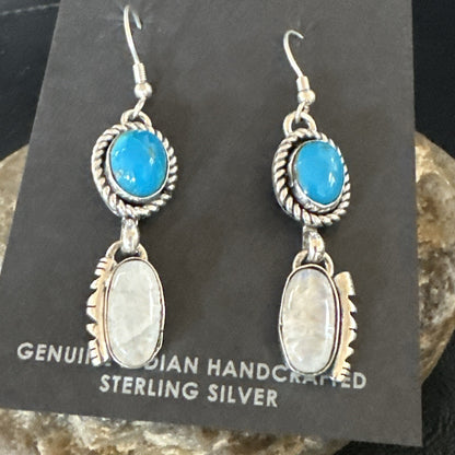 Navajo White MOP Blue Turquoise Sterling Silver Dangle Earrings 18185