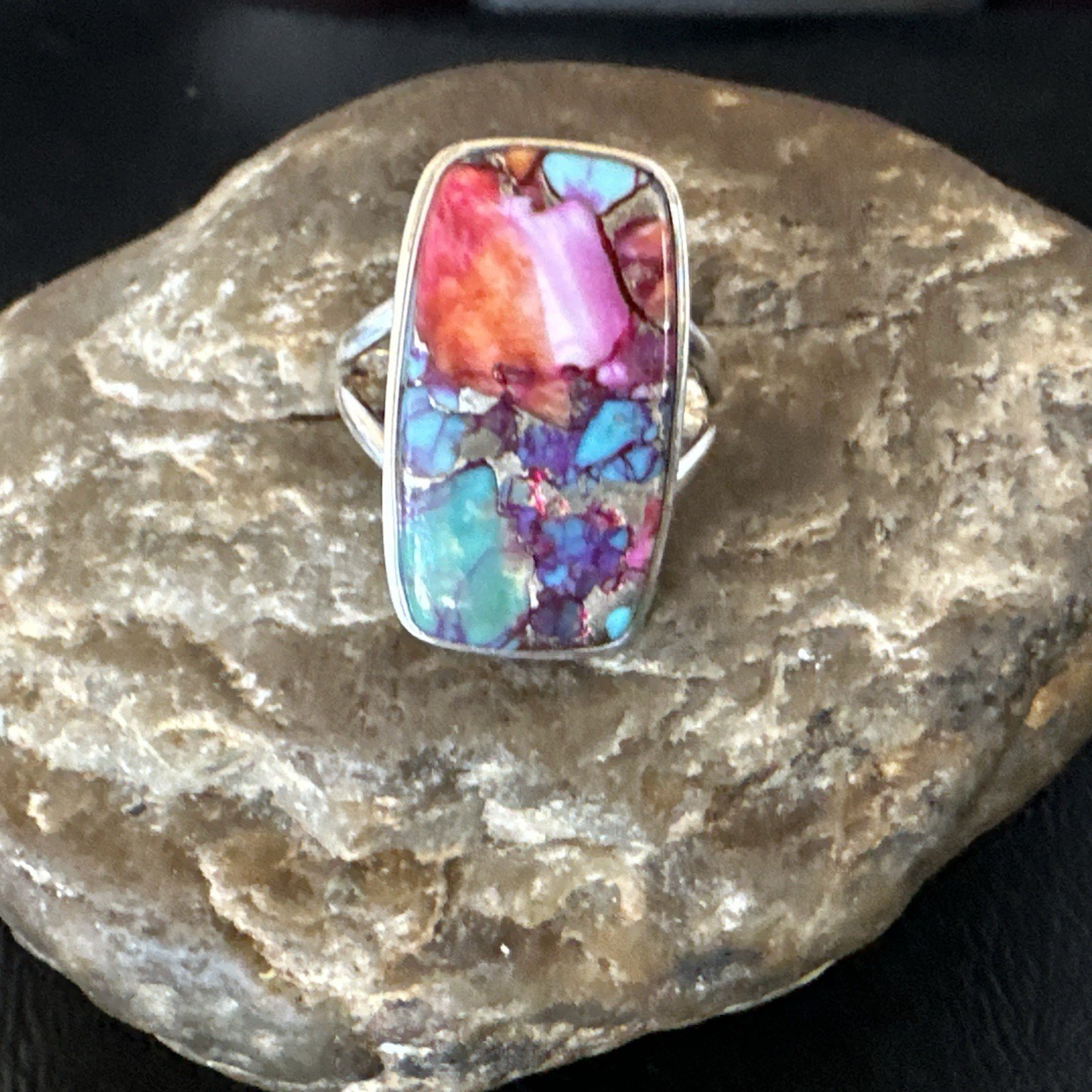 Blue Turquoise Spiny Oyster Southwestern Sterling Silver Ring Size 11 19058