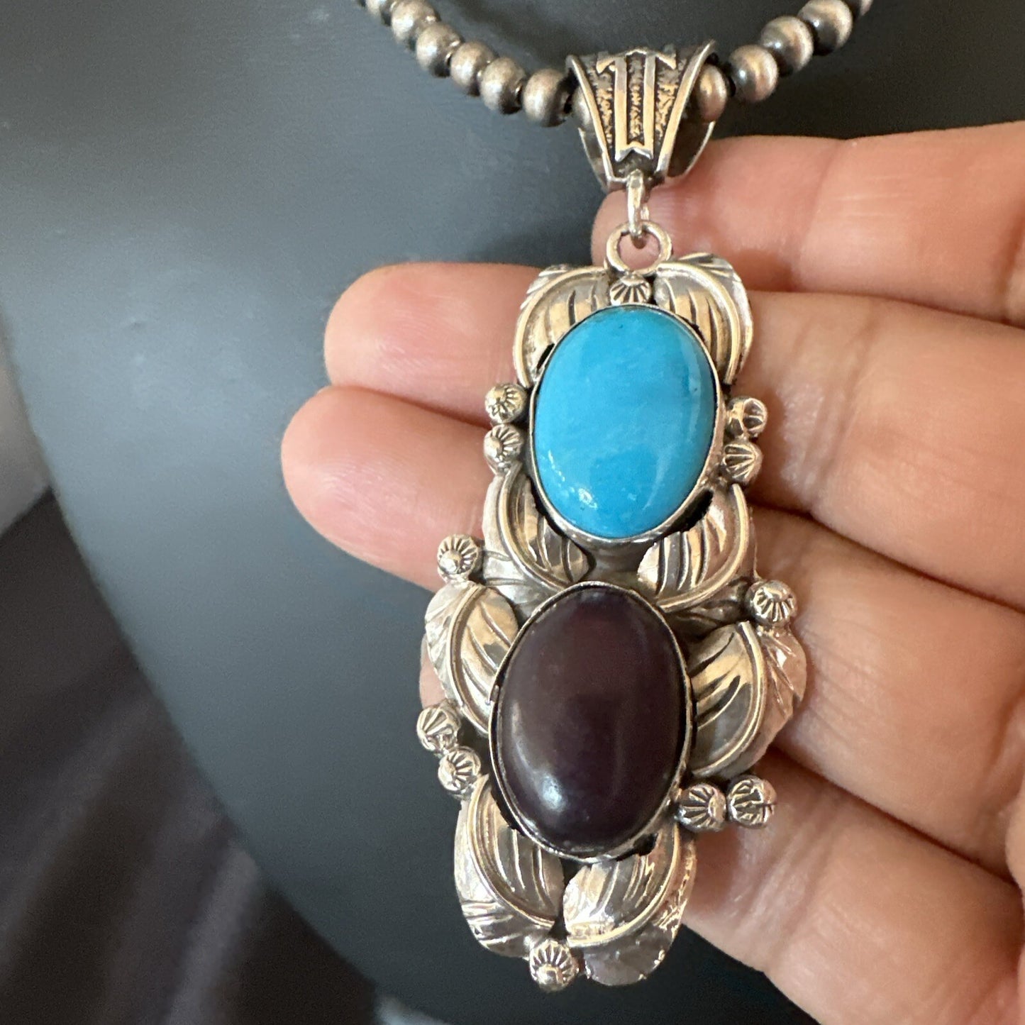 Blue Kingman Turquoise  Purple Stone Pendant Navajo Sterling Silver 18039