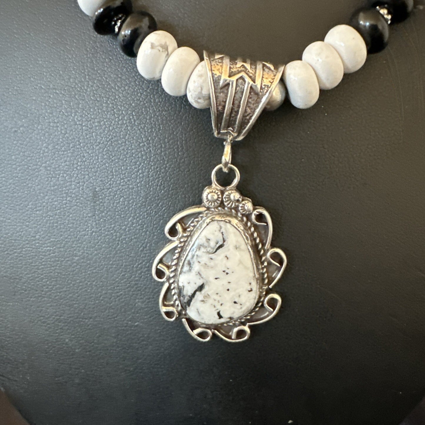 White Buffalo Turquoise Pendant Howlite Navajo Sterling Silver Necklace 24”18724
