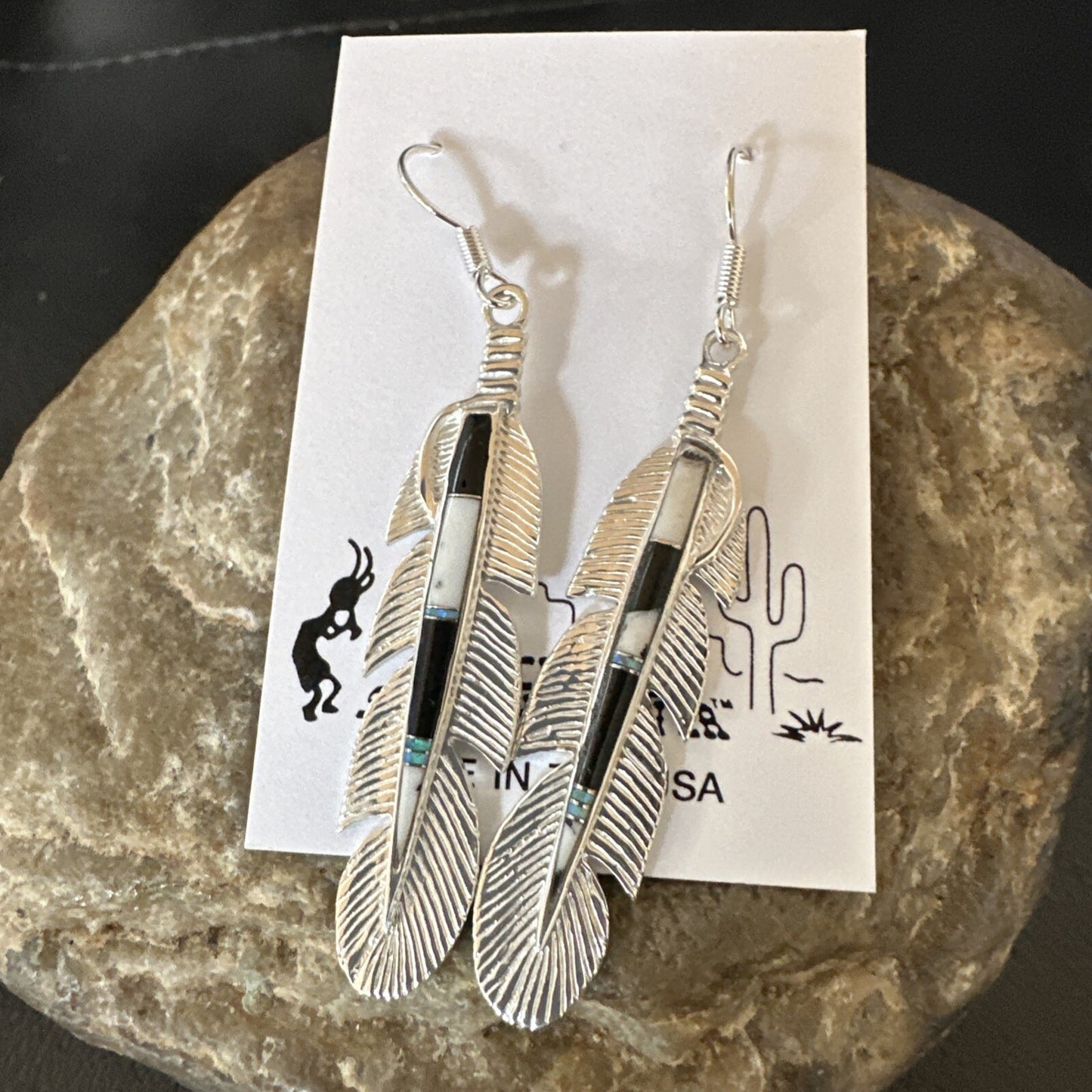 White Buffalo Turquoise Opal Sterling Silver Handmade Feather Earrings 18696
