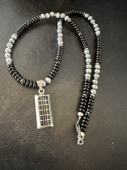 Mens Womens Black Onyx Pendant Navajo Sterling Silver Beads Necklace 18331