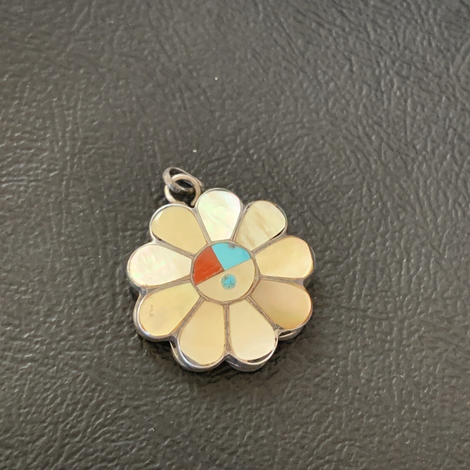 Mother Of Pearl Turquoise Spiny Inlay Zuni Sterling Silver 2 Sided Pendant 1683