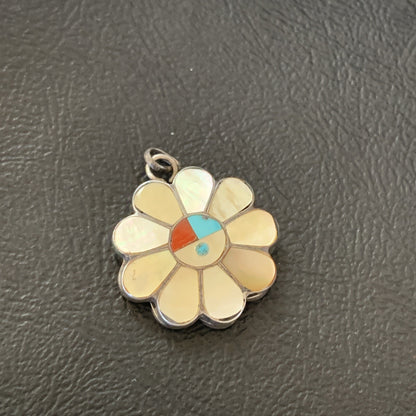 Mother Of Pearl Turquoise Spiny Inlay Zuni Sterling Silver 2 Sided Pendant 1683