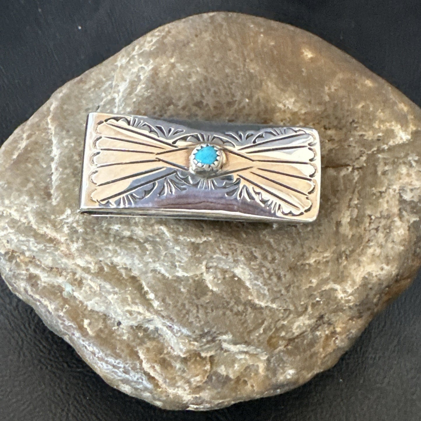 Mens Blue Turquoise Navajo Credit Card Holder Stamped Silver Money Clip 19734