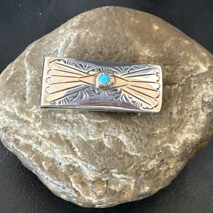 Mens Blue Turquoise Navajo Credit Card Holder Stamped Silver Money Clip 19734