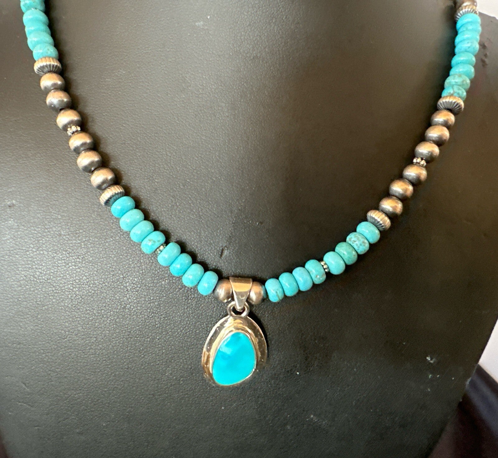 Mens Blue Kingman Turquoise Pendant Navajo Sterling Silver Necklace 21" 18382