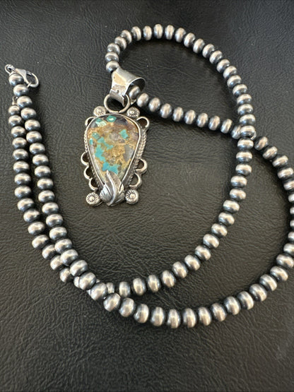 Womens Blue Turquoise Pendant Navajo Pearls Sterling Silver Necklace 19575